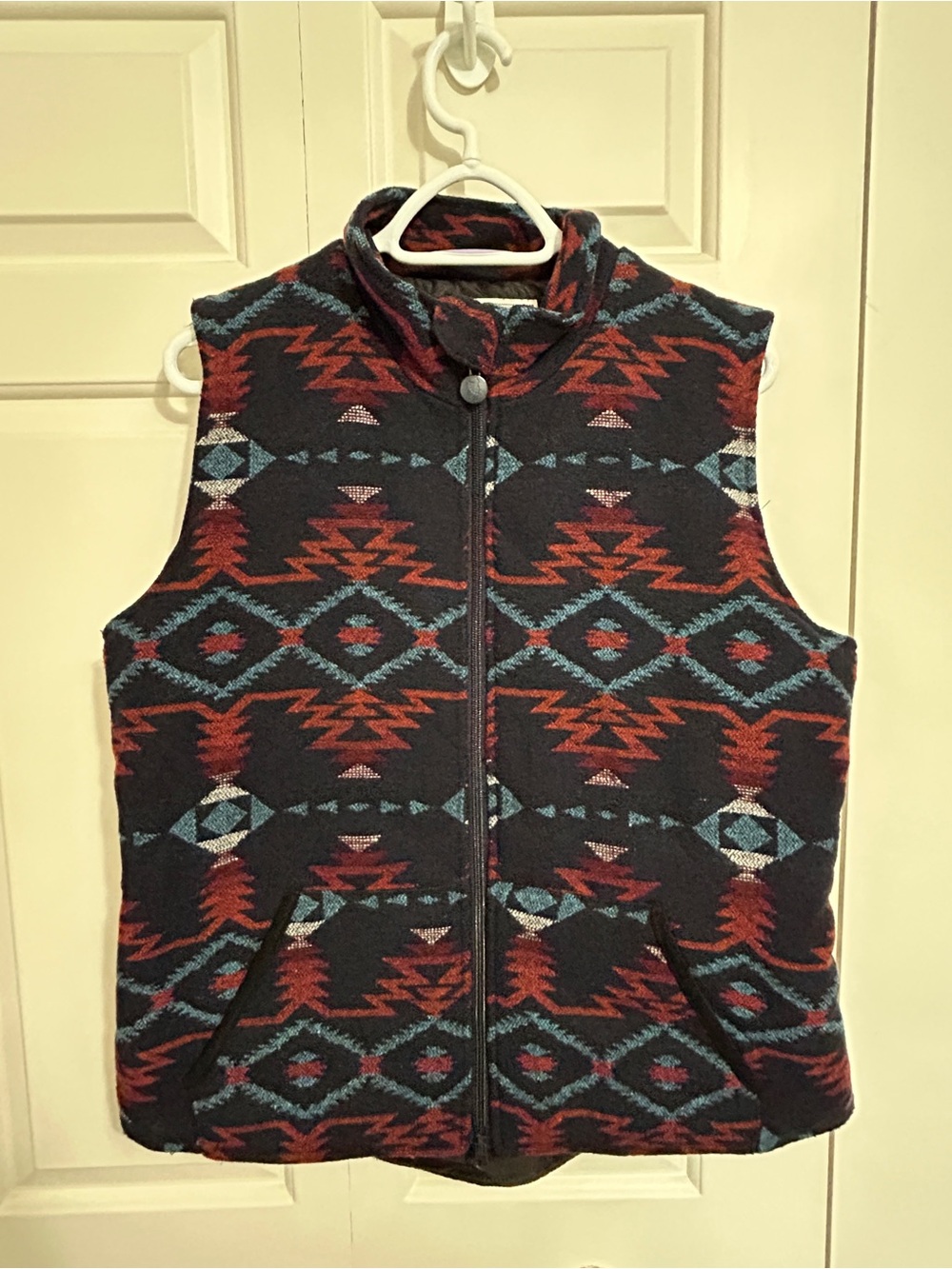 Womens Black Aztec Print Fleece Vest with Rust & Teal Accents